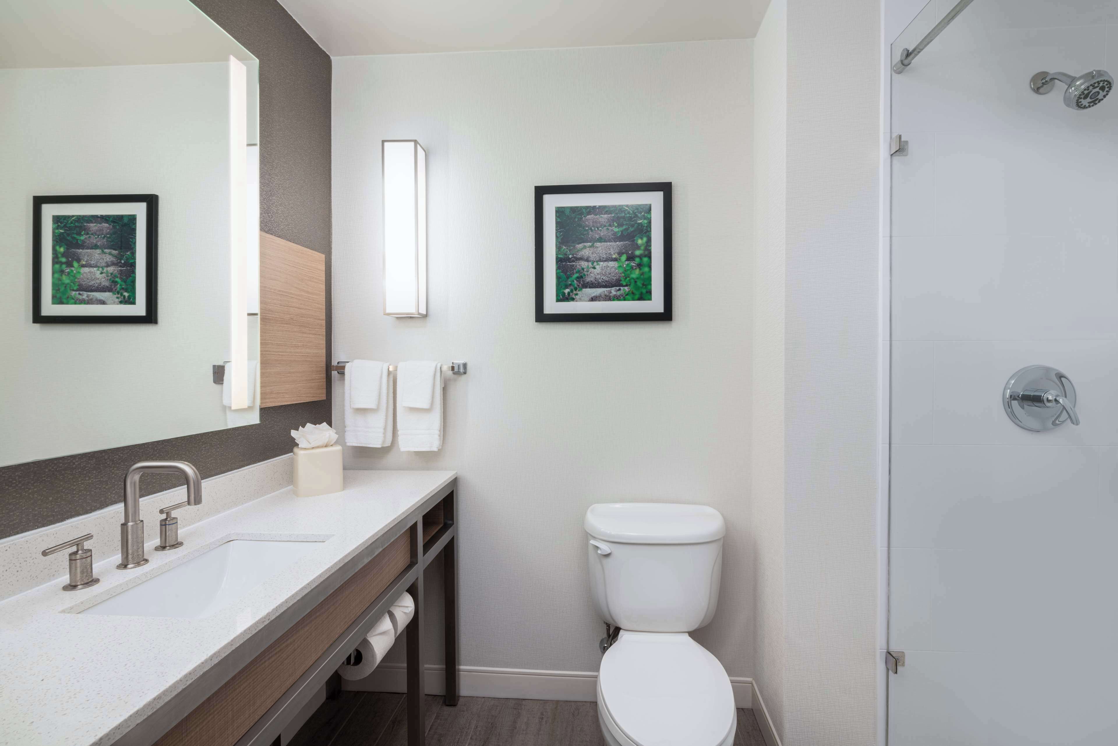A modern bathroom with a white sink, a toilet, and a shower. There are two framed pictures on the wall.