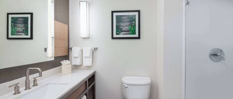 A modern bathroom with a white sink, a toilet, and a shower. There are two framed pictures on the wall.