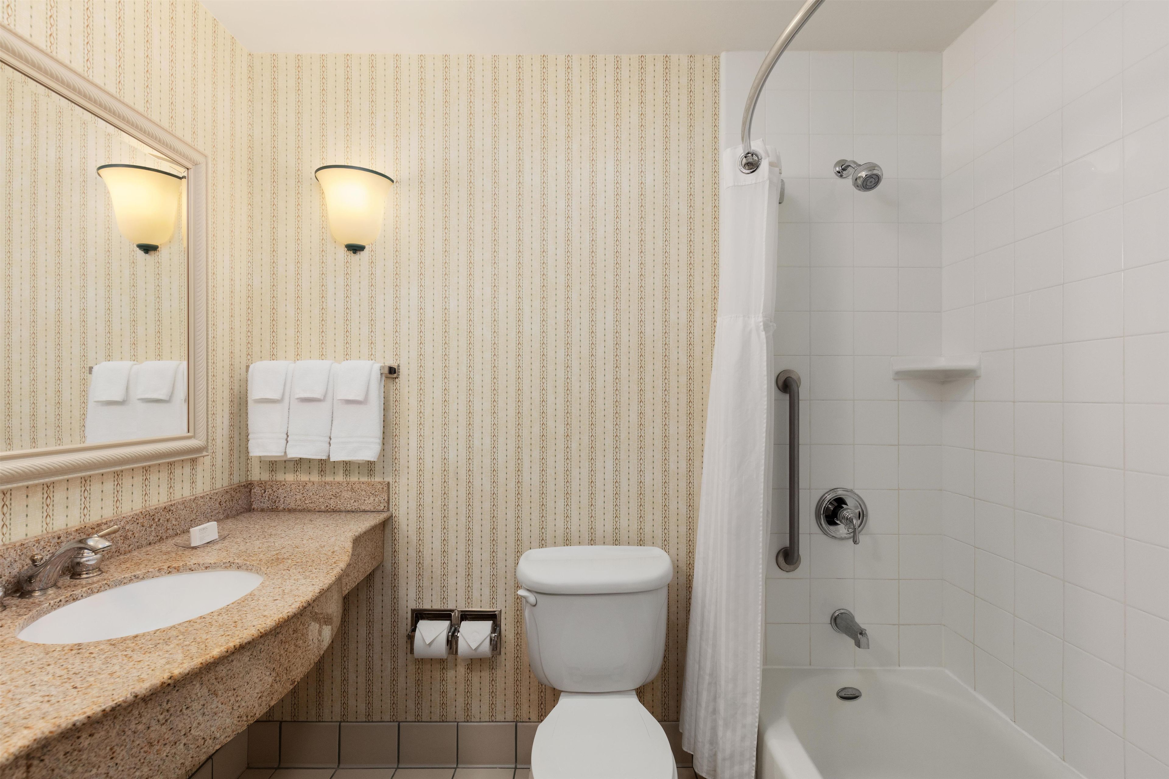 Un baño con lavabo, inodoro y ducha.