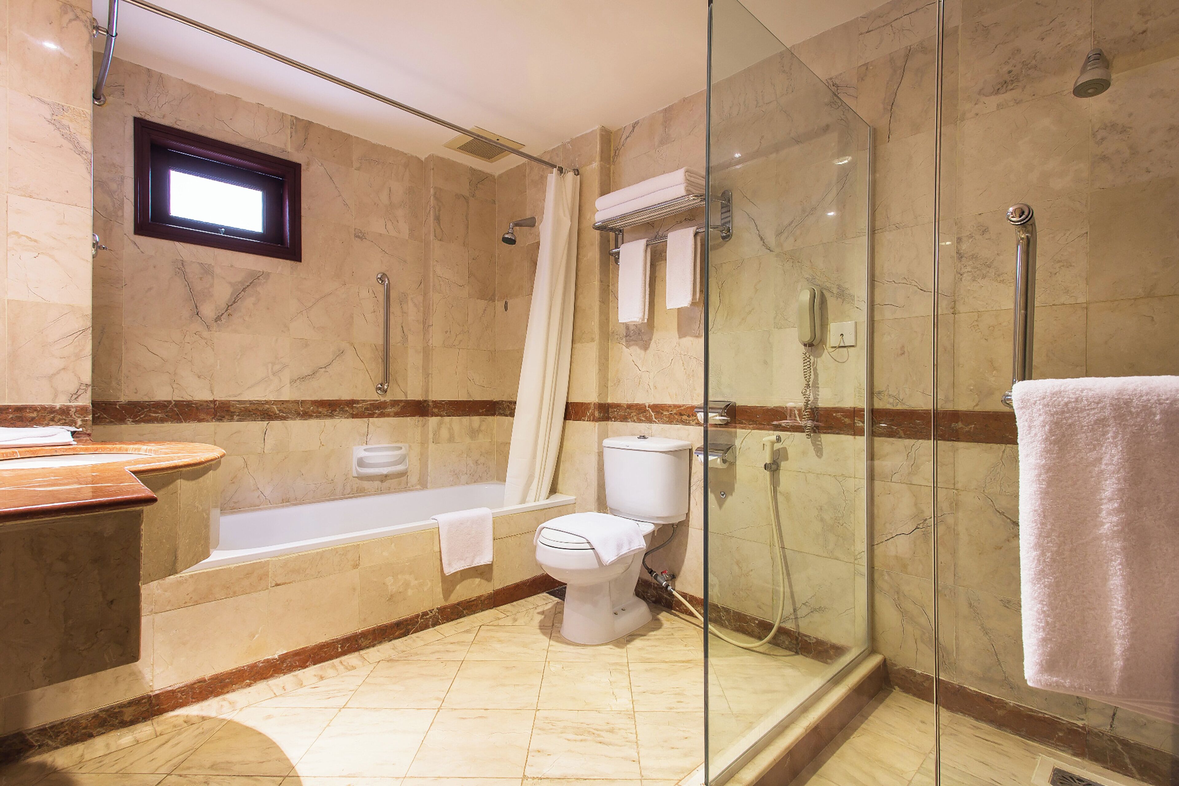 A modern bathroom with a glass-enclosed shower, a bathtub, and a toilet.