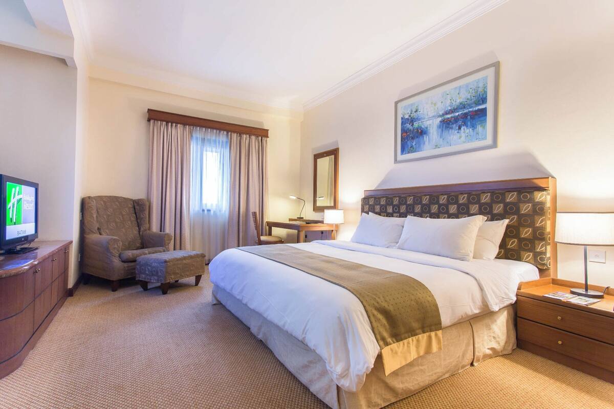Habitación de hotel con una cama grande, una silla, un escritorio, un televisor y un cuadro en la pared.