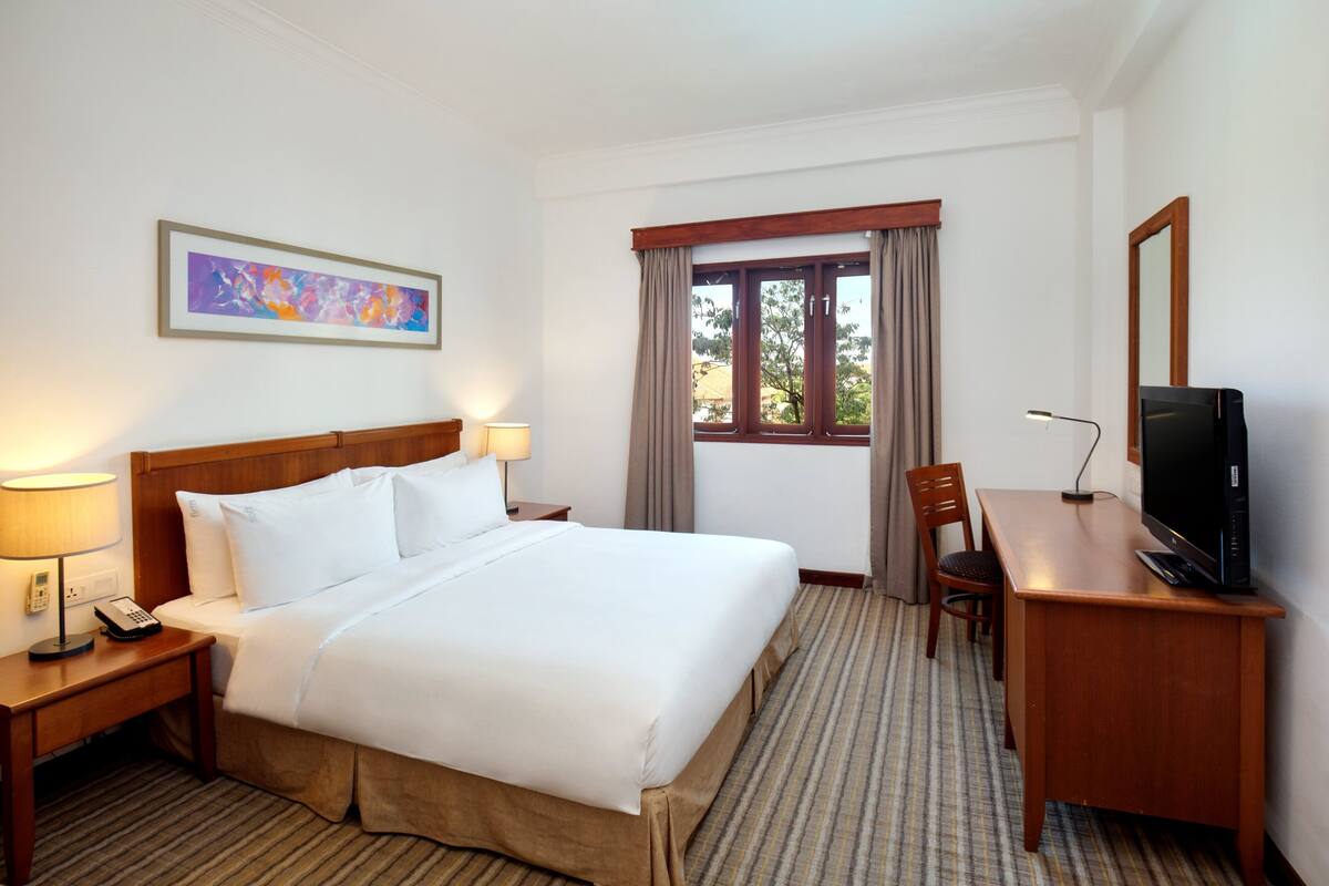 A hotel room with a bed, a desk, a chair, a TV, a lamp, a painting, and a window with curtains.