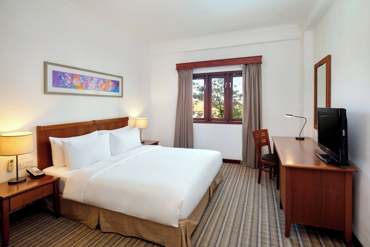 A hotel room with a bed, a desk, a chair, a TV, a lamp, a painting, and a window with curtains.