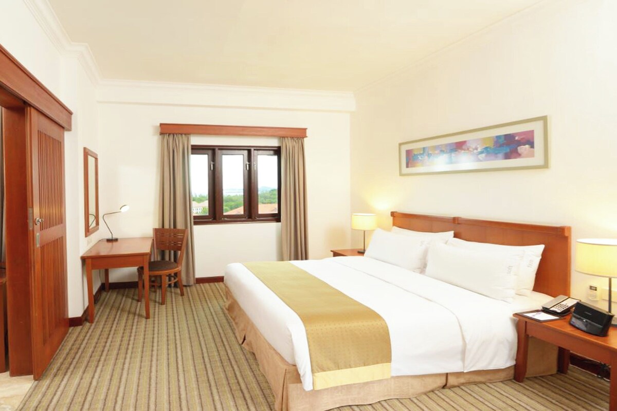 A hotel room with a bed, desk, chair, television, and a window with curtains.