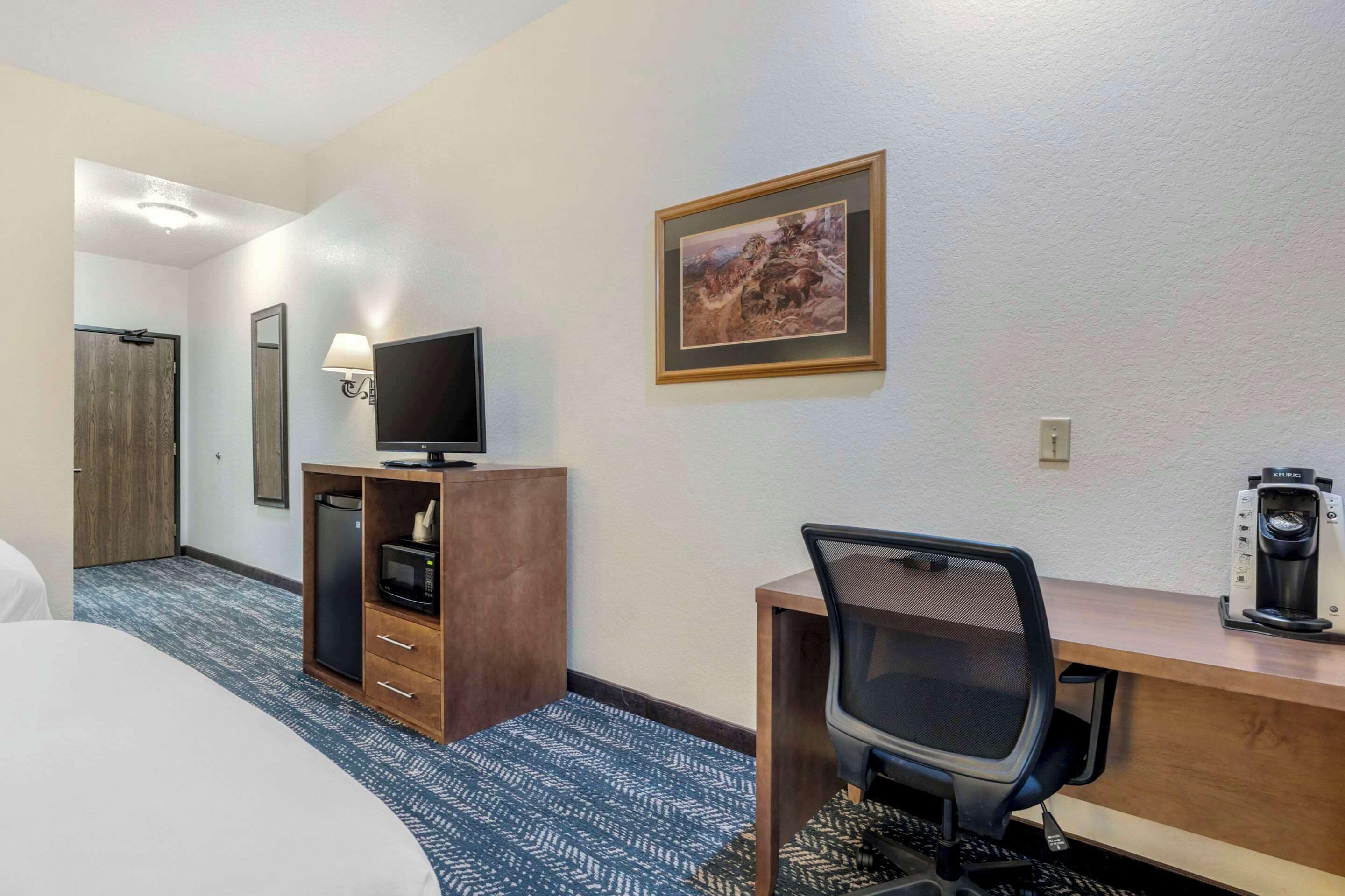 A hotel room with a bed, a desk with a computer, a television, a coffee maker, and a framed picture on the wall.