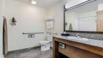 A bathroom with a toilet, sink, and mirror.
