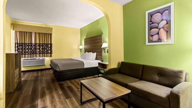 Una habitación de hotel con cama, sofá, una mesita, un cuadro en la pared y una ventana con cortinas.