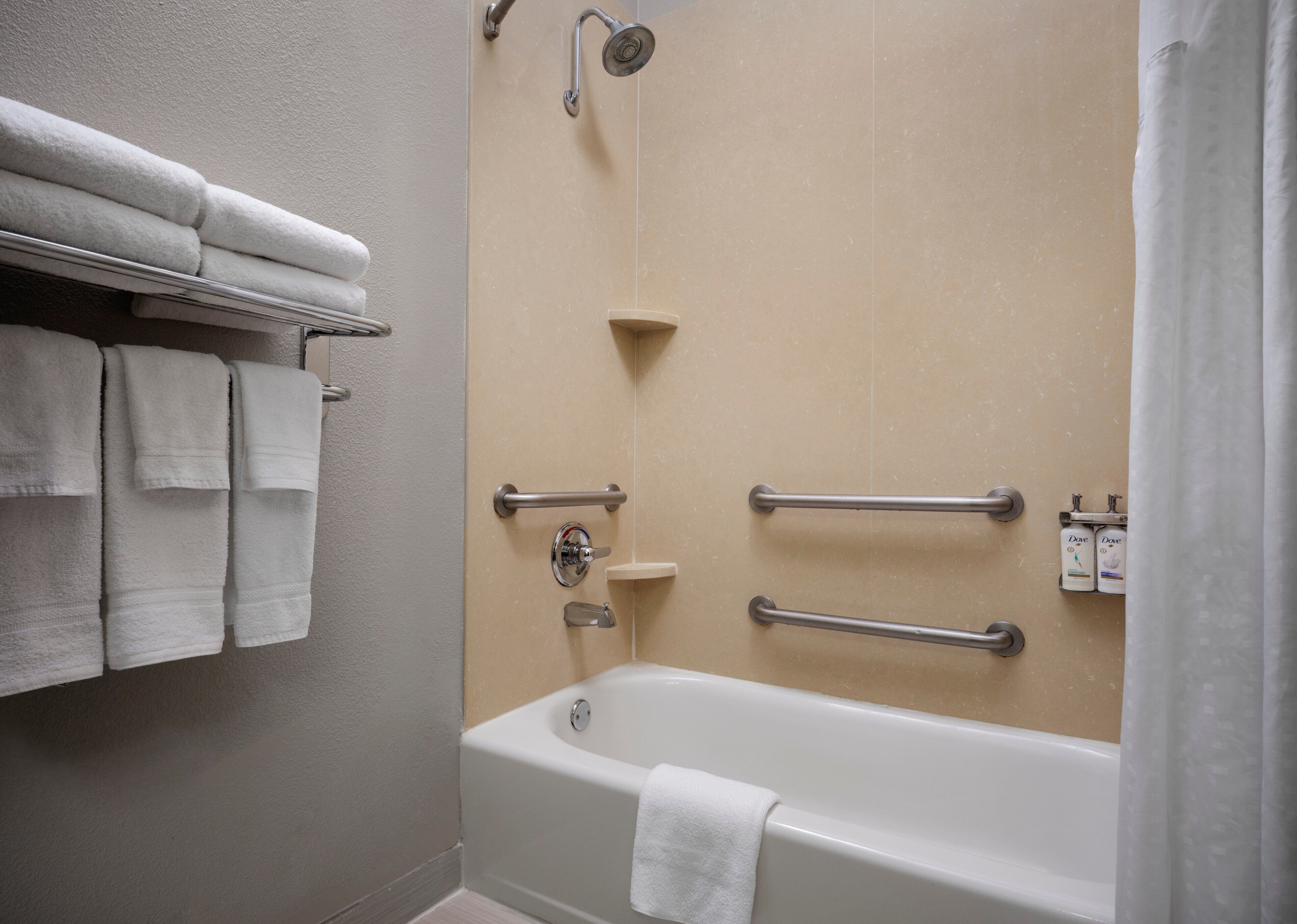 combined shower/bathtub, free toiletries, hair dryer, towels