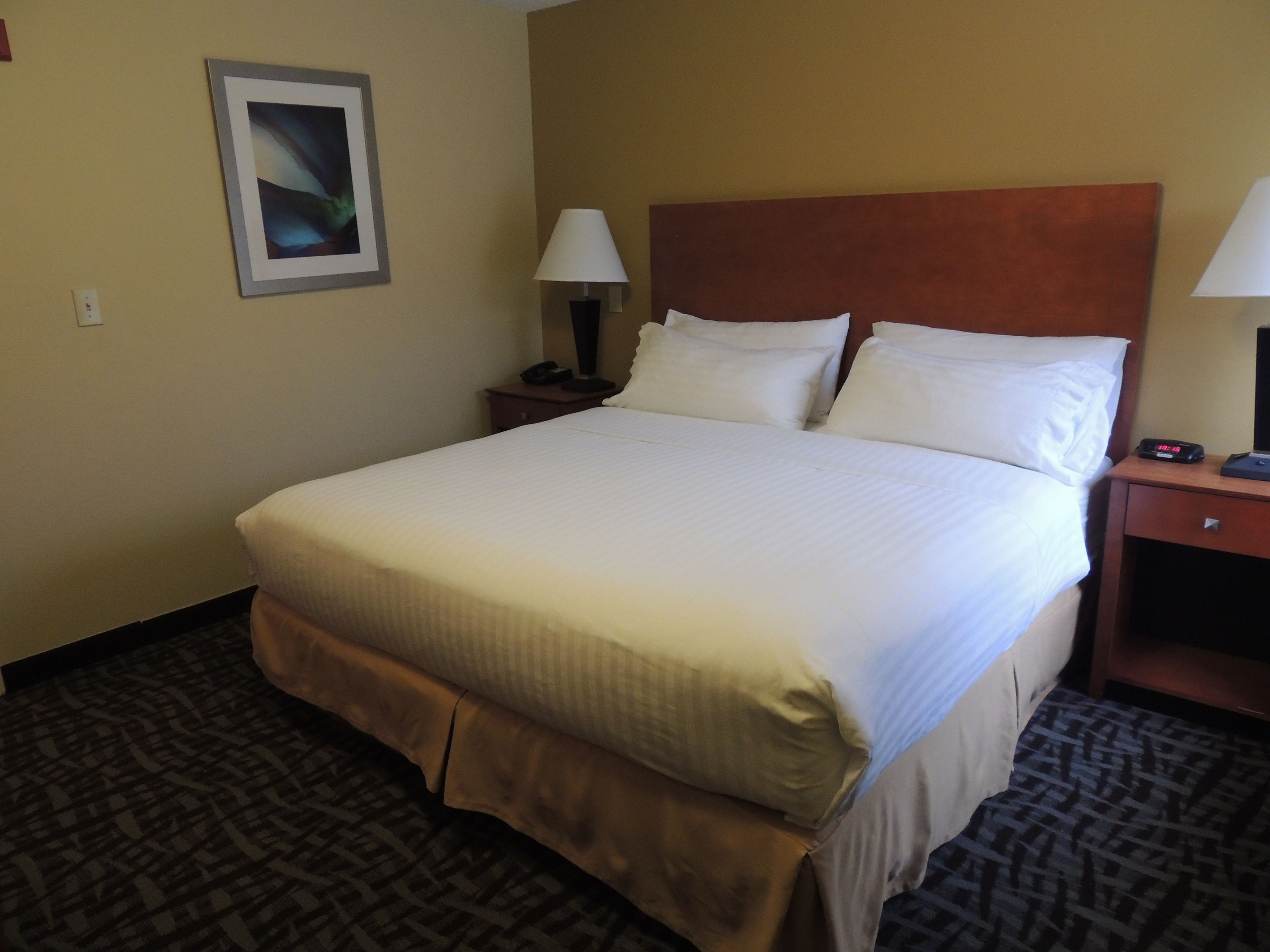 A hotel room with a large bed, two bedside tables, a nightstand, a framed picture on the wall, and a patterned carpet.