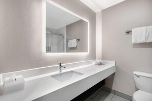 Un baño moderno con un espejo grande, un lavamanos blanco y un inodoro.