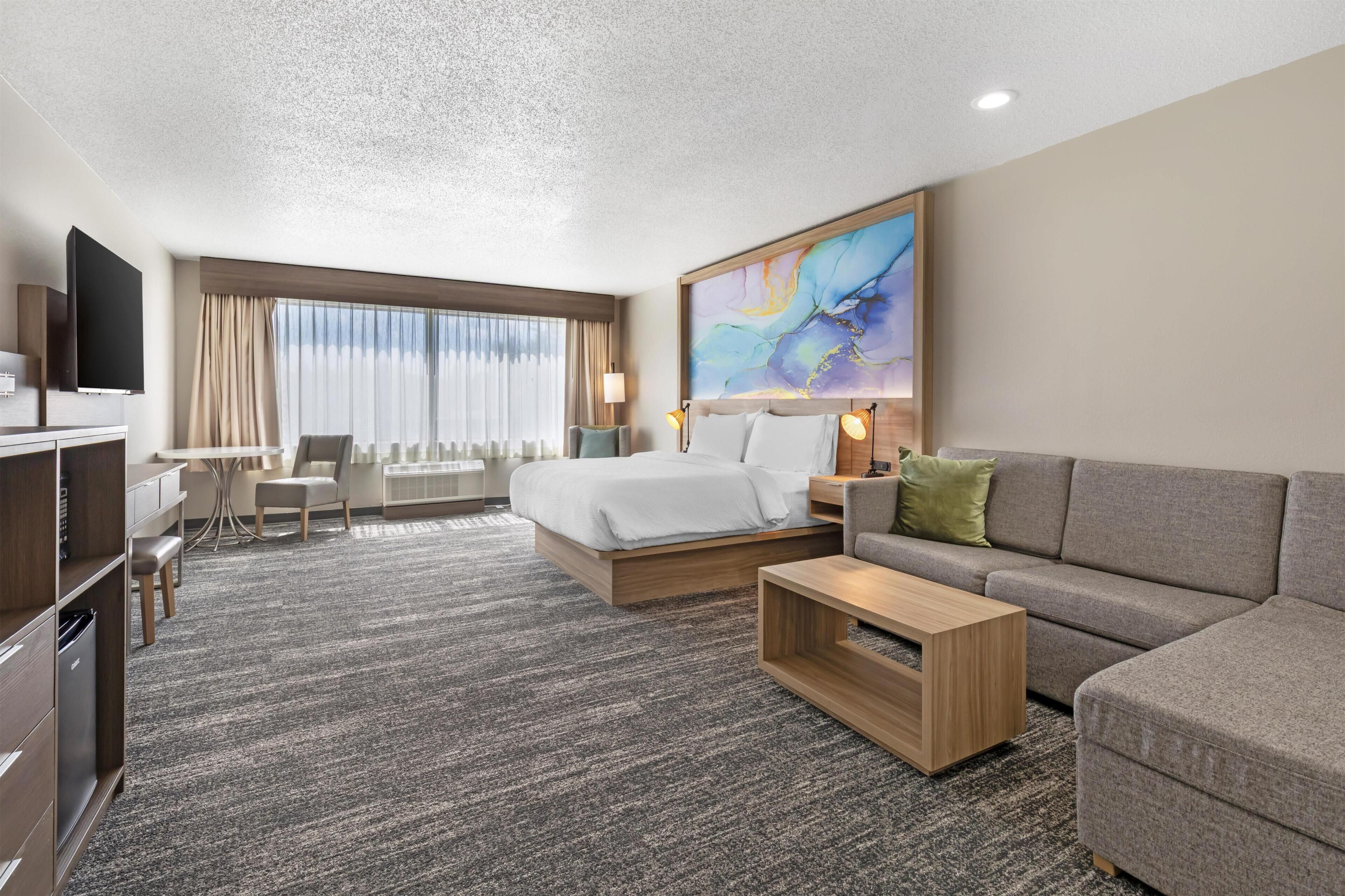 Suite, 1 King Bed, Accessible, Non Smoking (Walk-in Shower;with Single Sofabed) | Desk, laptop workspace, iron/ironing board, free cots/infant beds