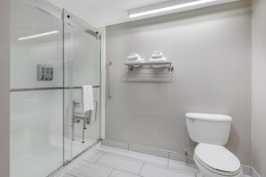 A modern bathroom with a glass shower enclosure, a white toilet, and a towel rack. - Best Western Plus Pocomoke City (Pocomoke City)