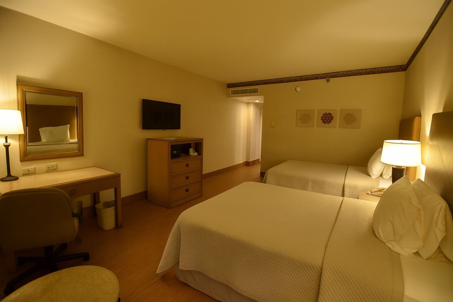 A hotel room with two beds, a desk with a chair, a dresser, a television, and a lamp.