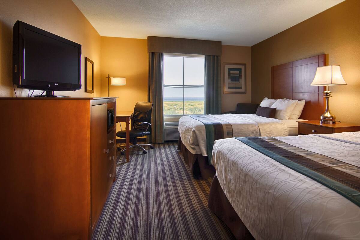 Een hotelkamer met twee bedden, een bureau, een stoel, een televisie en een raam met uitzicht.
