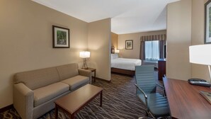 Une chambre d’hôtel avec un canapé, une petite table, un bureau avec une chaise, un lit et une fenêtre avec des rideaux.