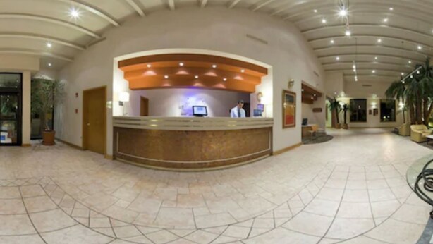 A hotel reception area with a curved reception desk, a receptionist, and a large potted plant. - Holiday Inn Express Chihuahua by IHG (Chihuahua)