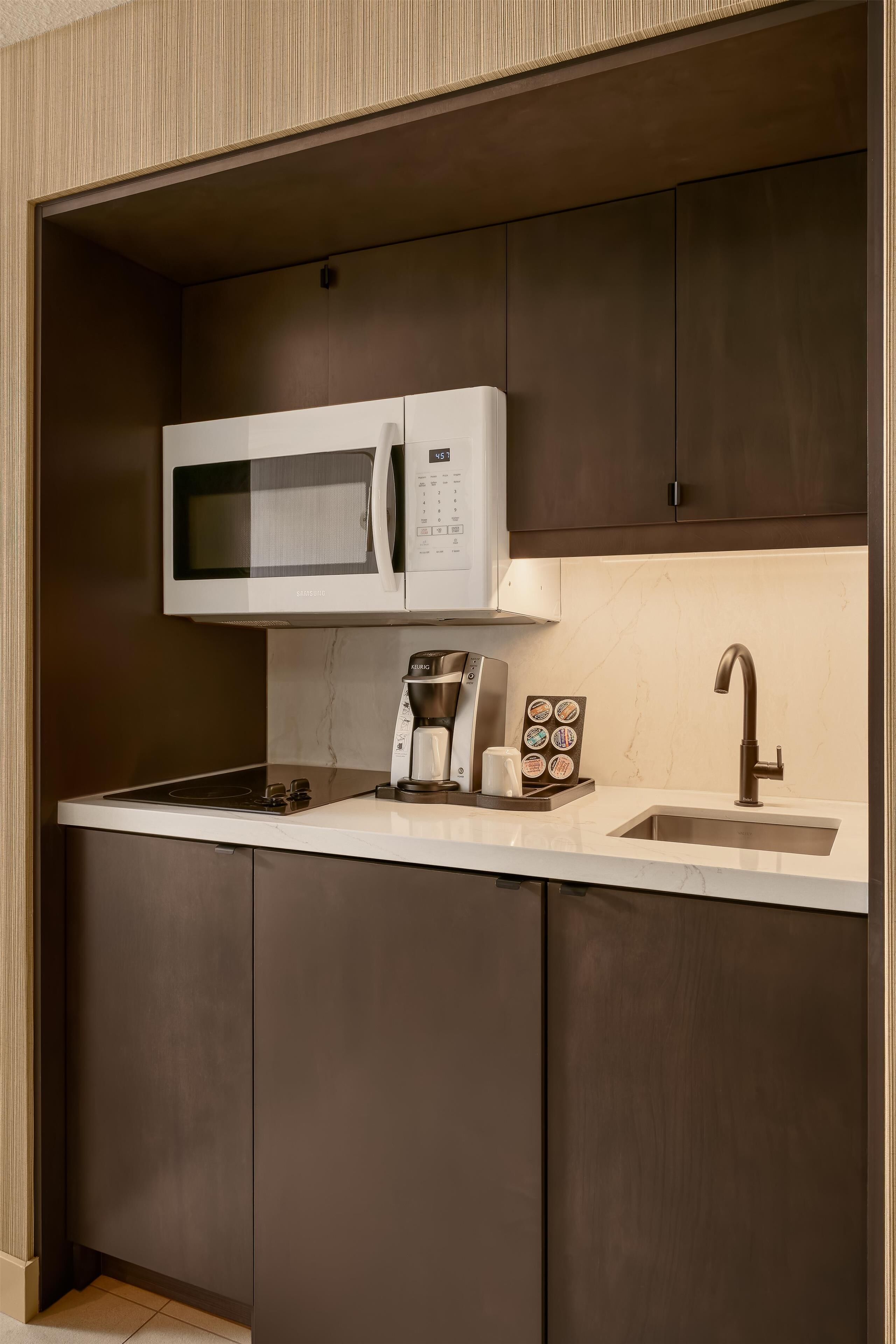Fridge, microwave, coffee/tea maker