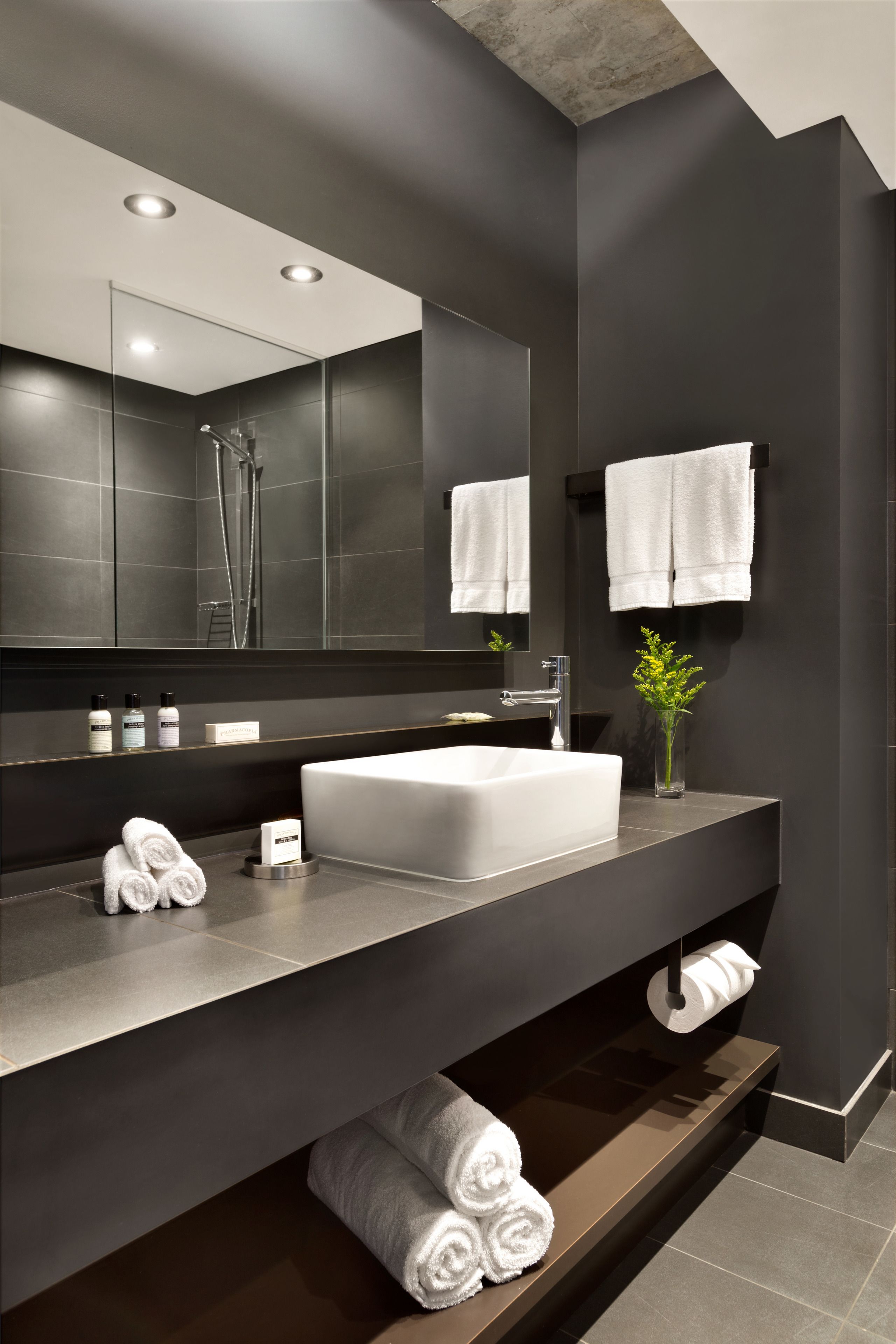 designer toiletries, hair dryer, towels