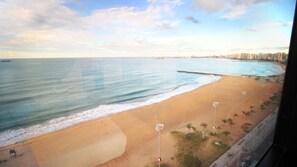A beach with a curved promenade, palm trees, and a distant cityscape.