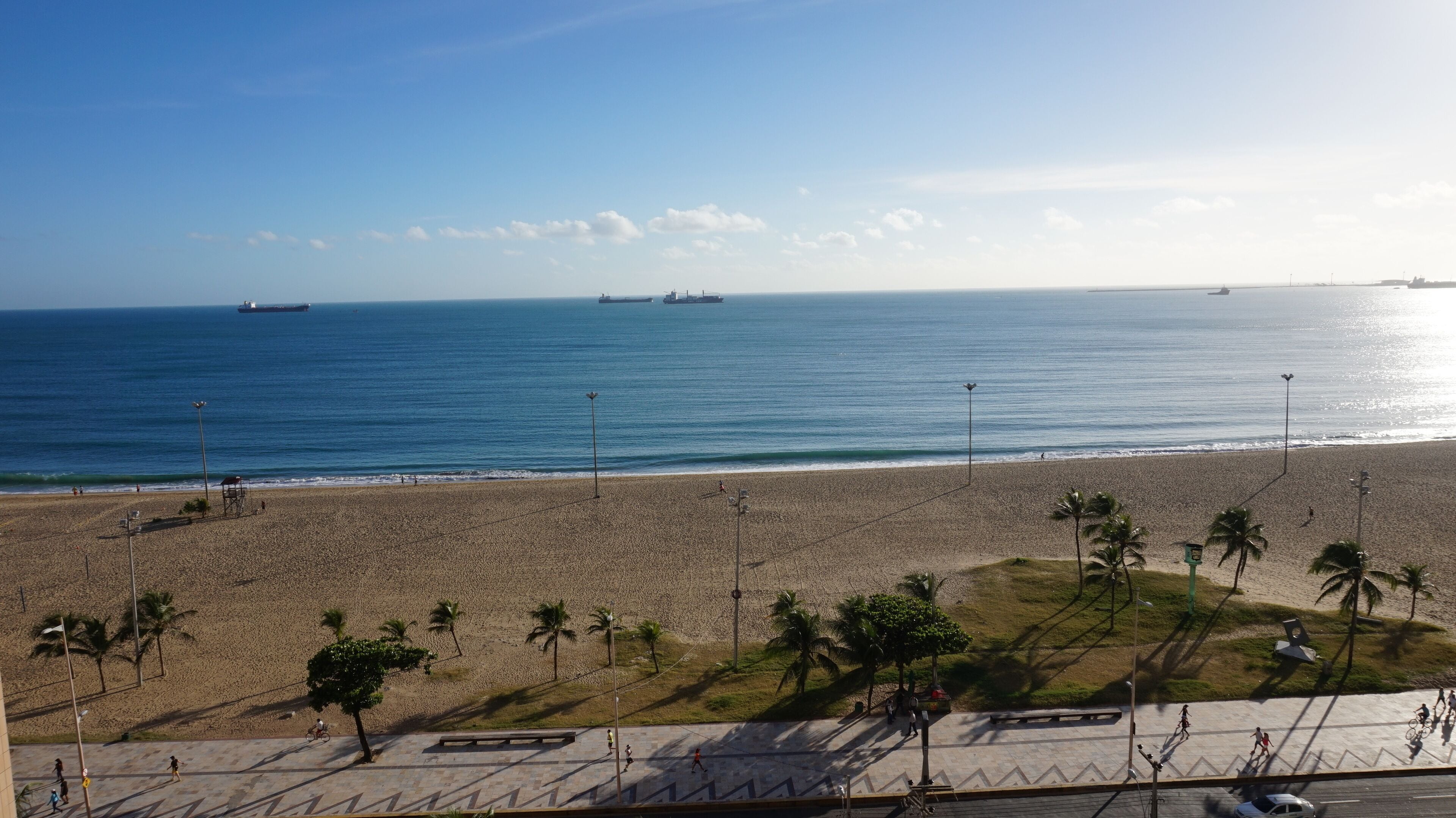 A beach with a paved walkway, palm trees, and a view of the ocean with ships in the distance.