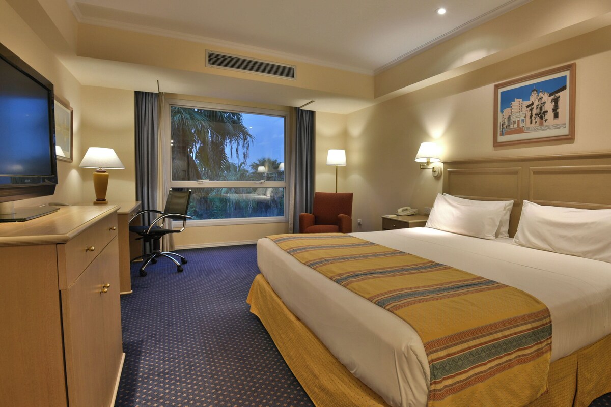 Habitación de hotel con cama, escritorio, silla, televisor y ventana con vistas.