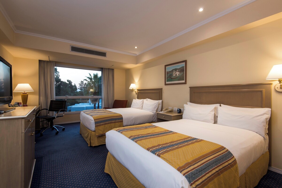A hotel room with two beds, a desk, a chair, a television, and a window with a view of trees.