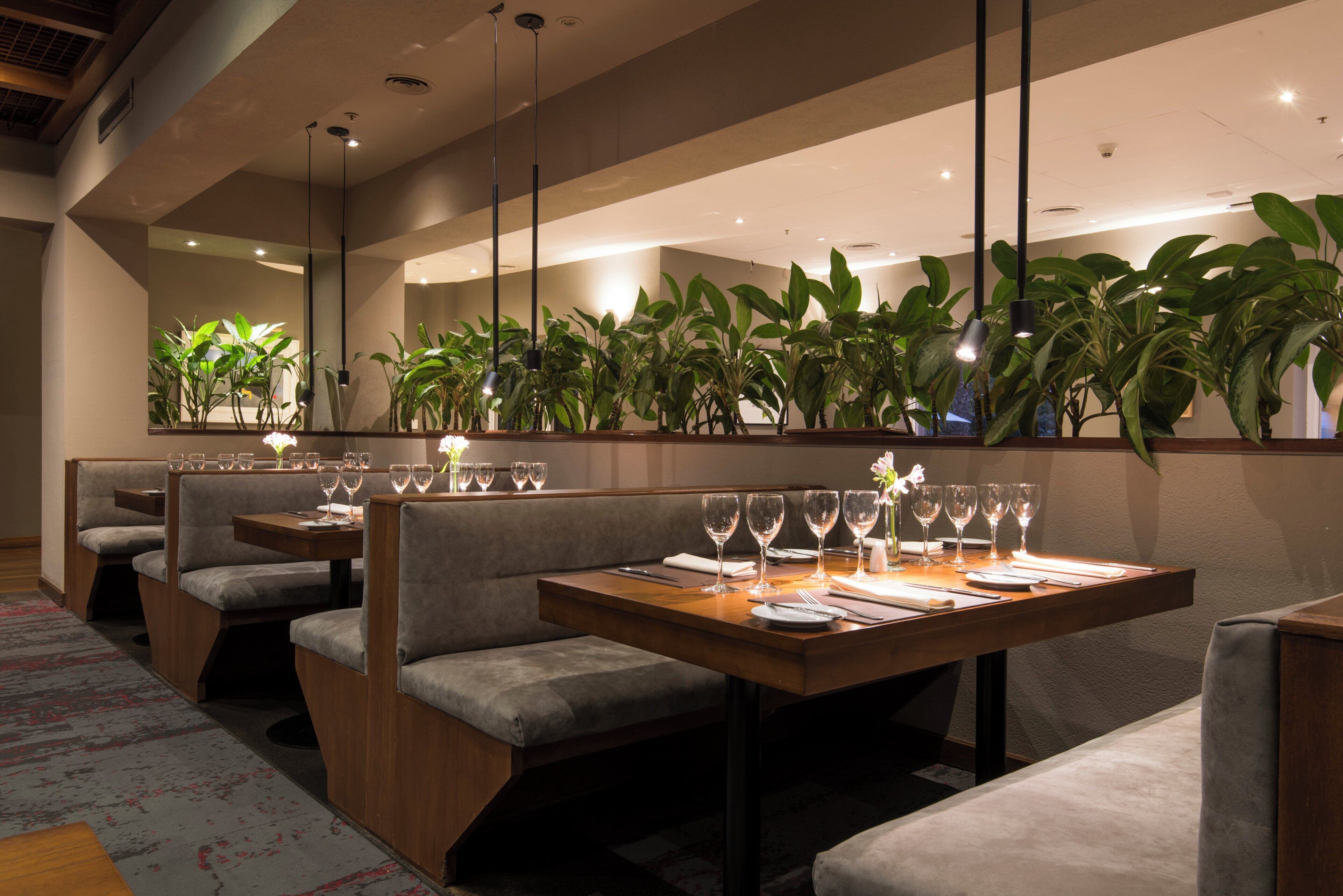 Un restaurant avec des banquettes, des tables dressées pour le service et des plantes en pot disposées sur les murs.