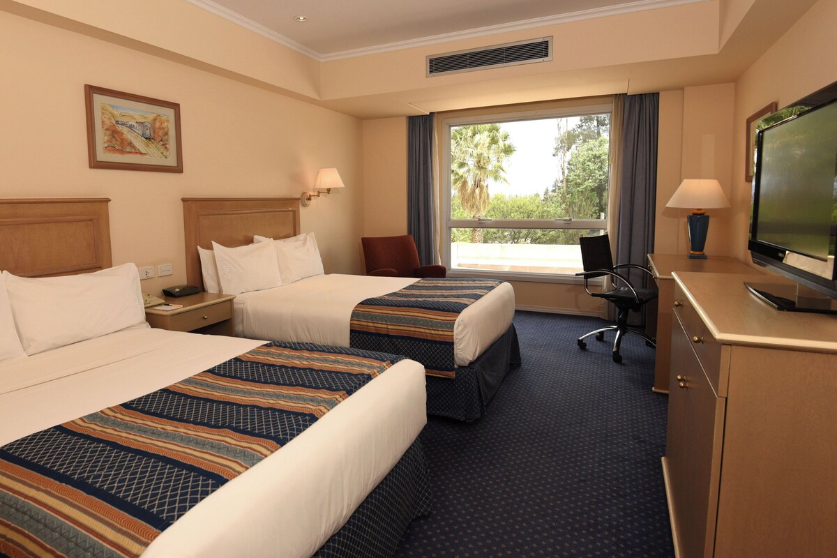 A hotel room with two beds, a television, a desk, and a window with a view of palm trees.