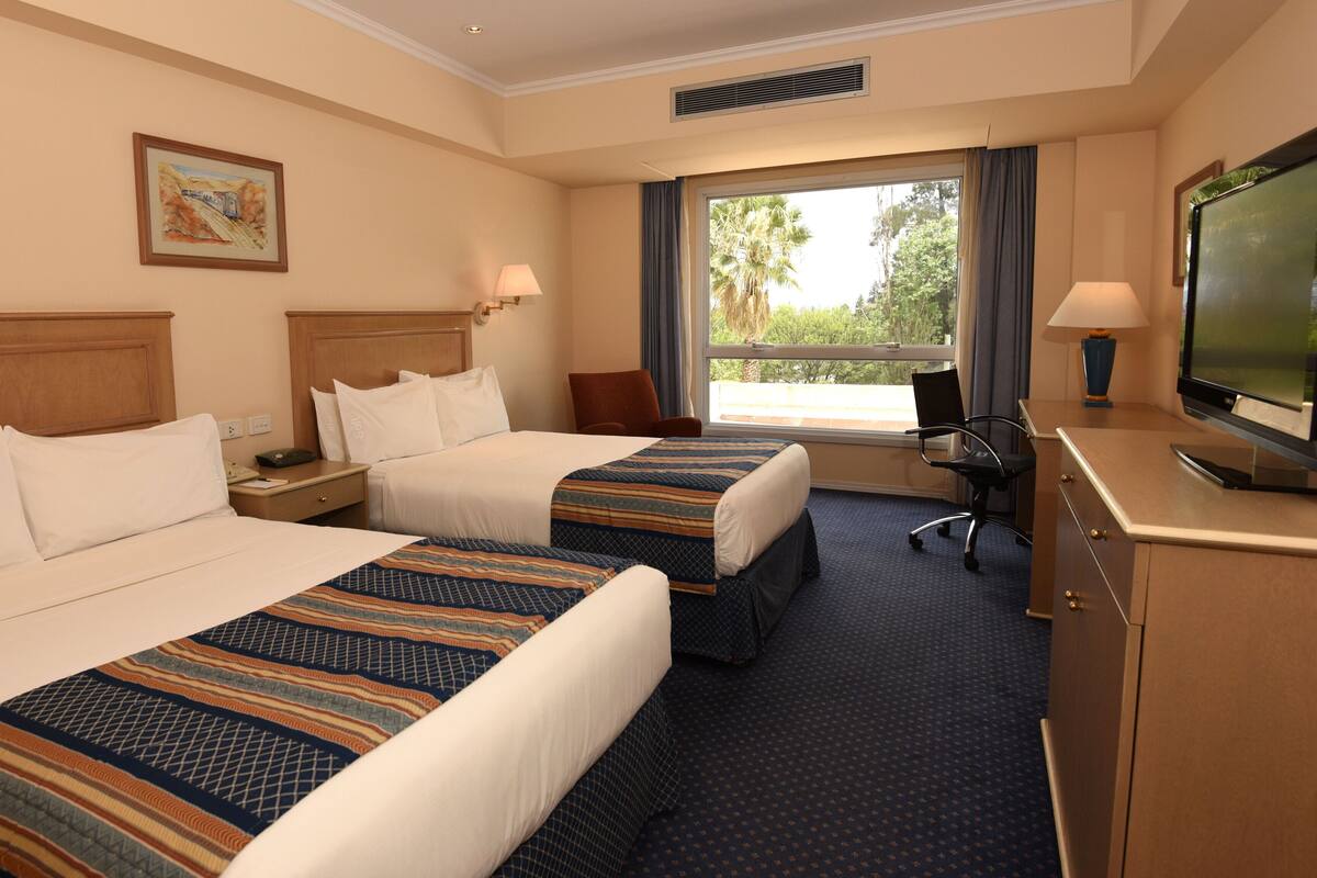 Habitación de hotel con dos camas, televisión, escritorio y ventana con vista a palmeras.