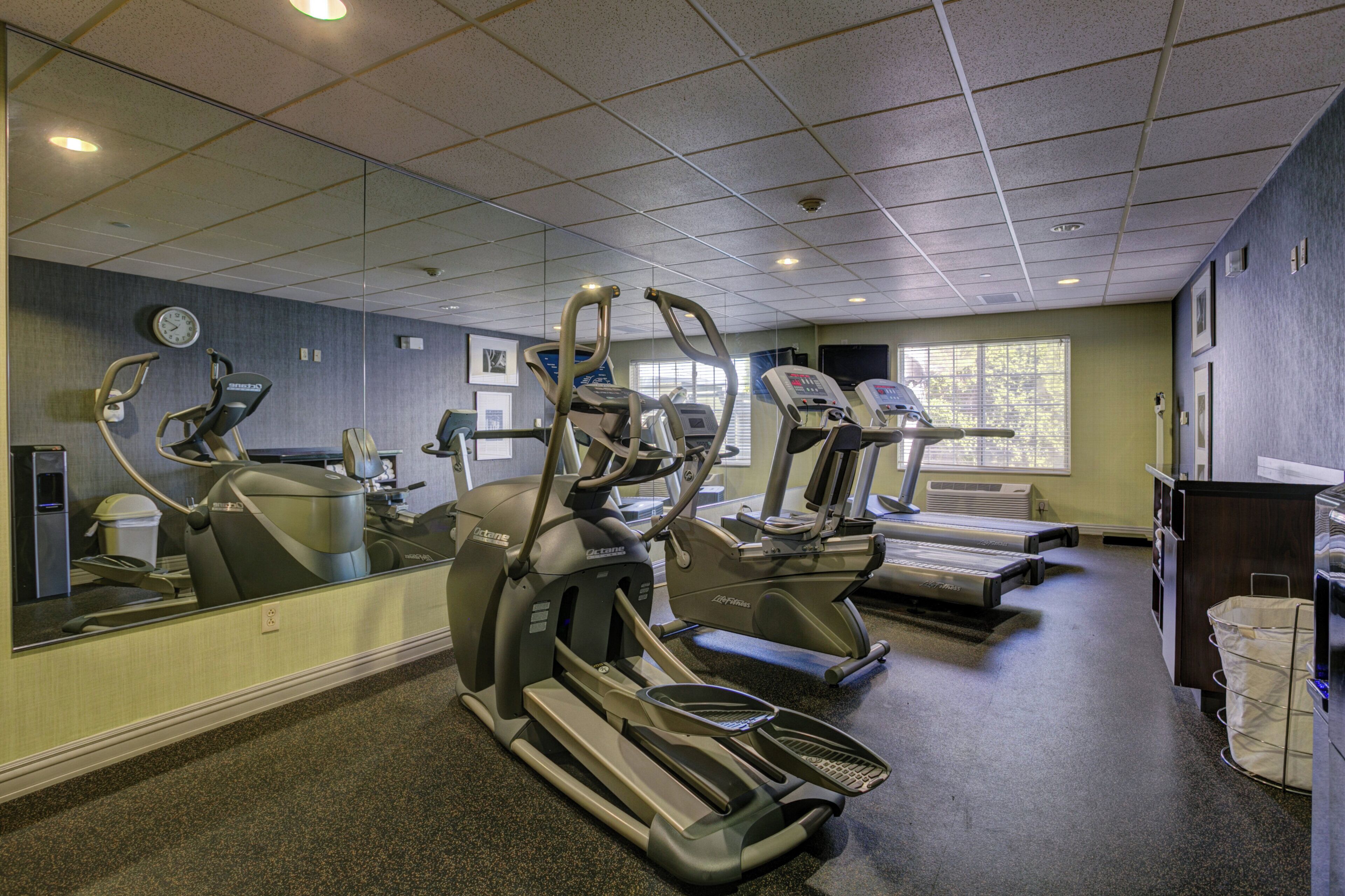 A gym with stationary bikes, treadmills, and a mirrored wall.