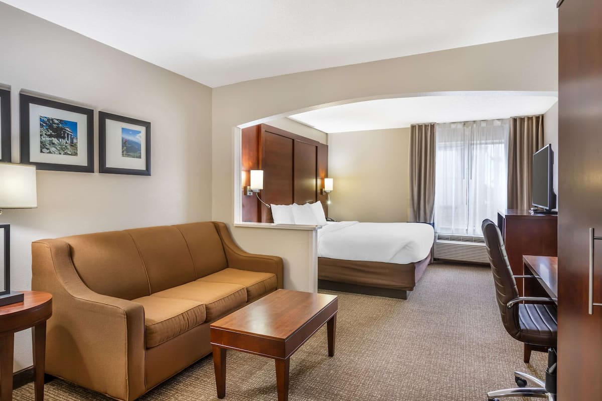 Habitación de hotel con sofá marrón, una mesa de centro de madera, cama con ropa blanca, escritorio con silla, televisor y cuadros en la pared.