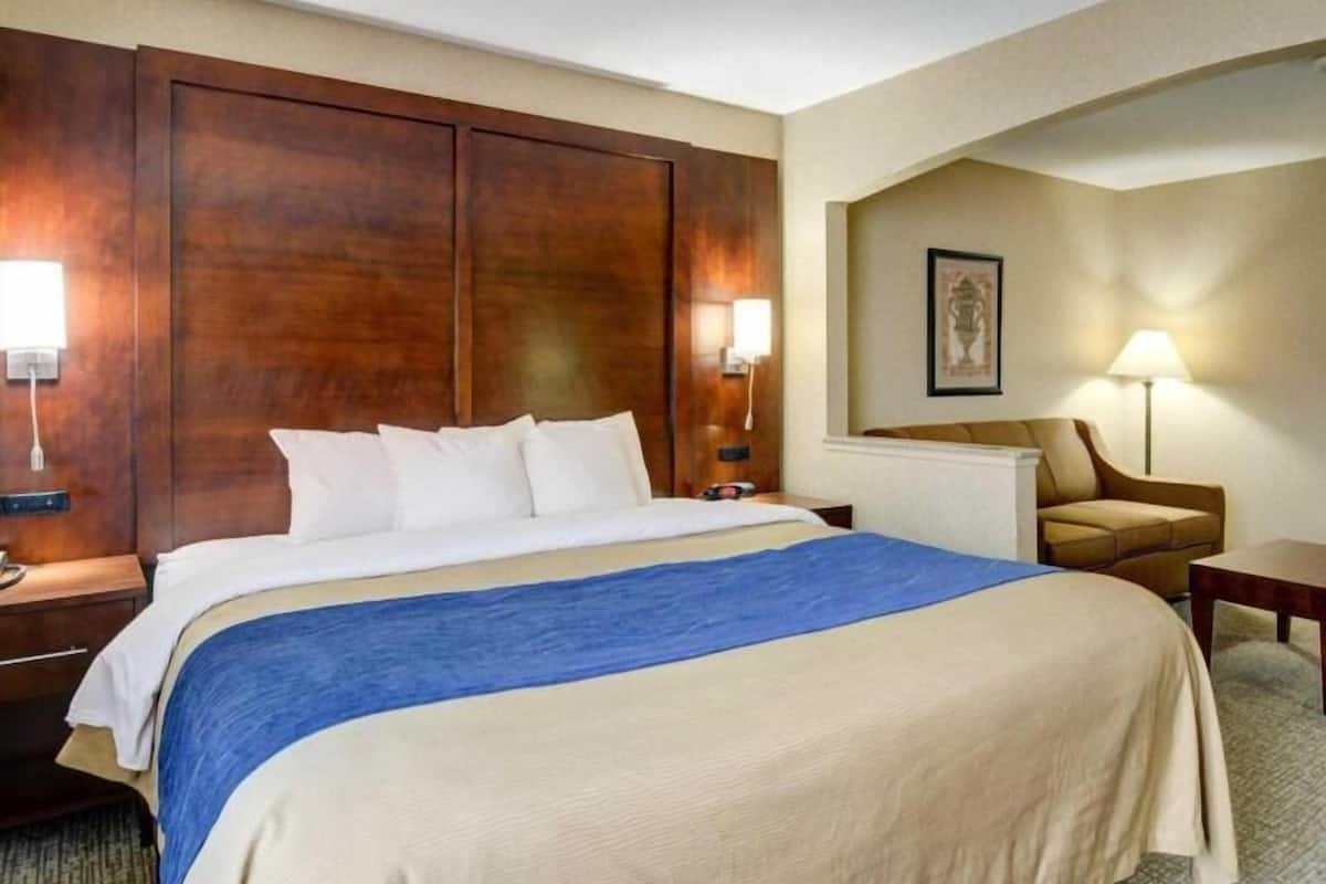 Habitación de hotel con una cama grande, cabecera de madera, dos mesitas de noche, una butaca y una lámpara.