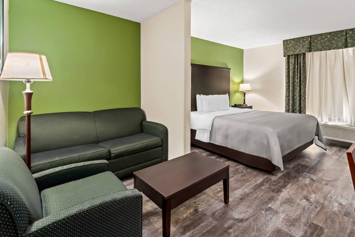Habitación de hotel con una pared verde, una cama con ropa blanca, una mesa de café marrón oscuro y un sofá verde.