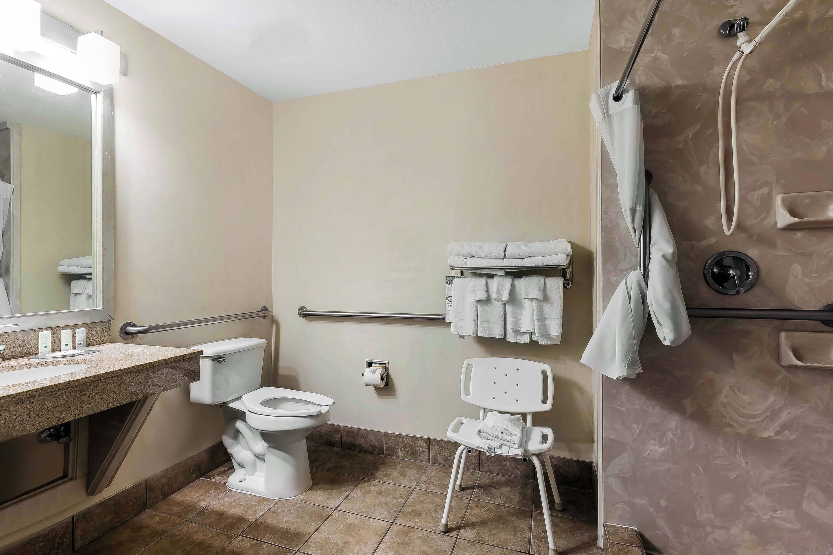 A bathroom with a toilet, sink, shower, and a wheelchair-accessible chair.