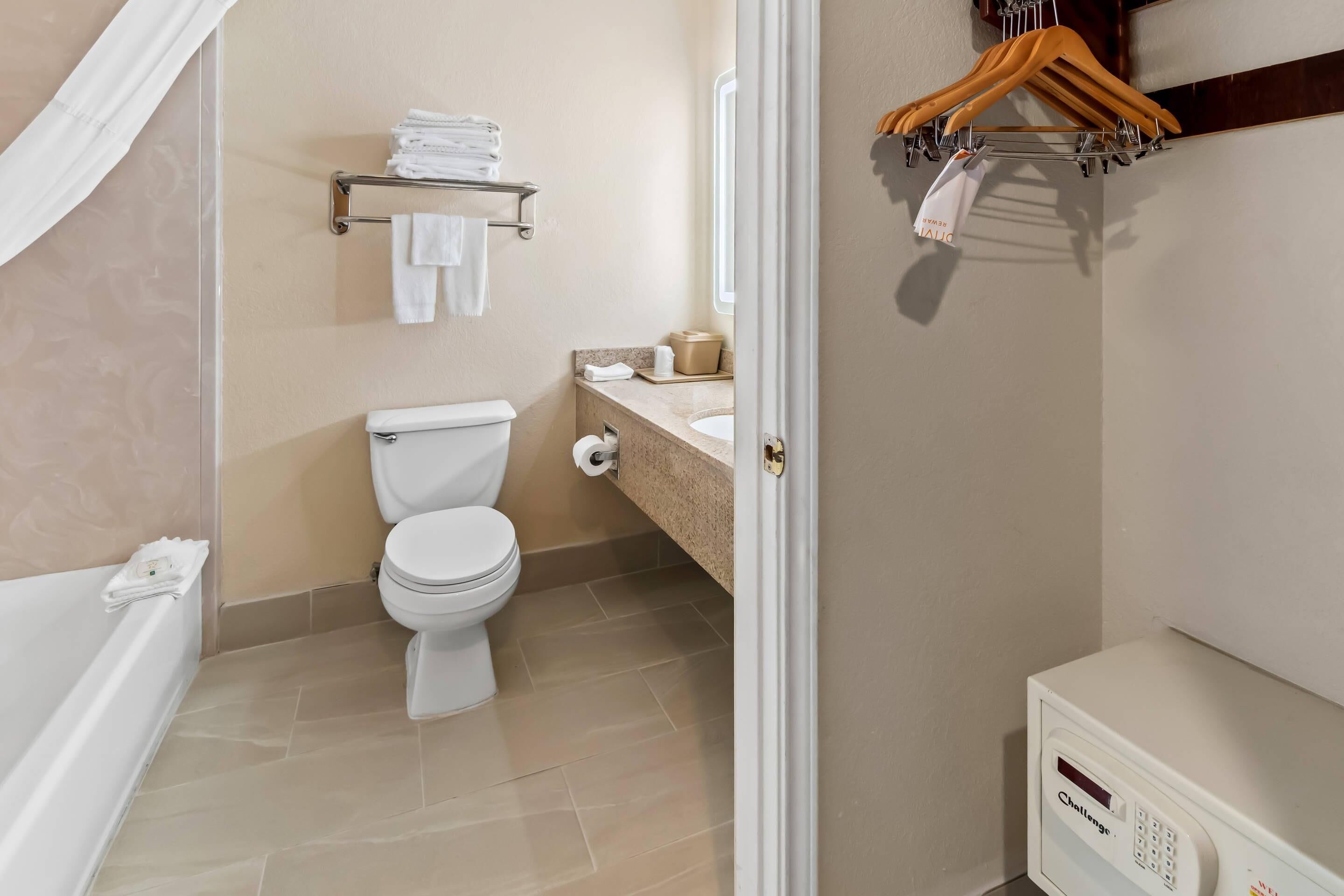A bathroom with a toilet, a sink, a towel rack, and a shower area.