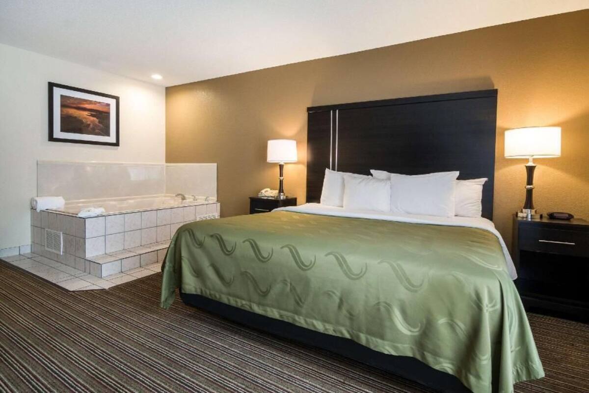 Una habitación de hotel con cama, bañera, mesita de noche con lámpara y un cuadro en la pared.