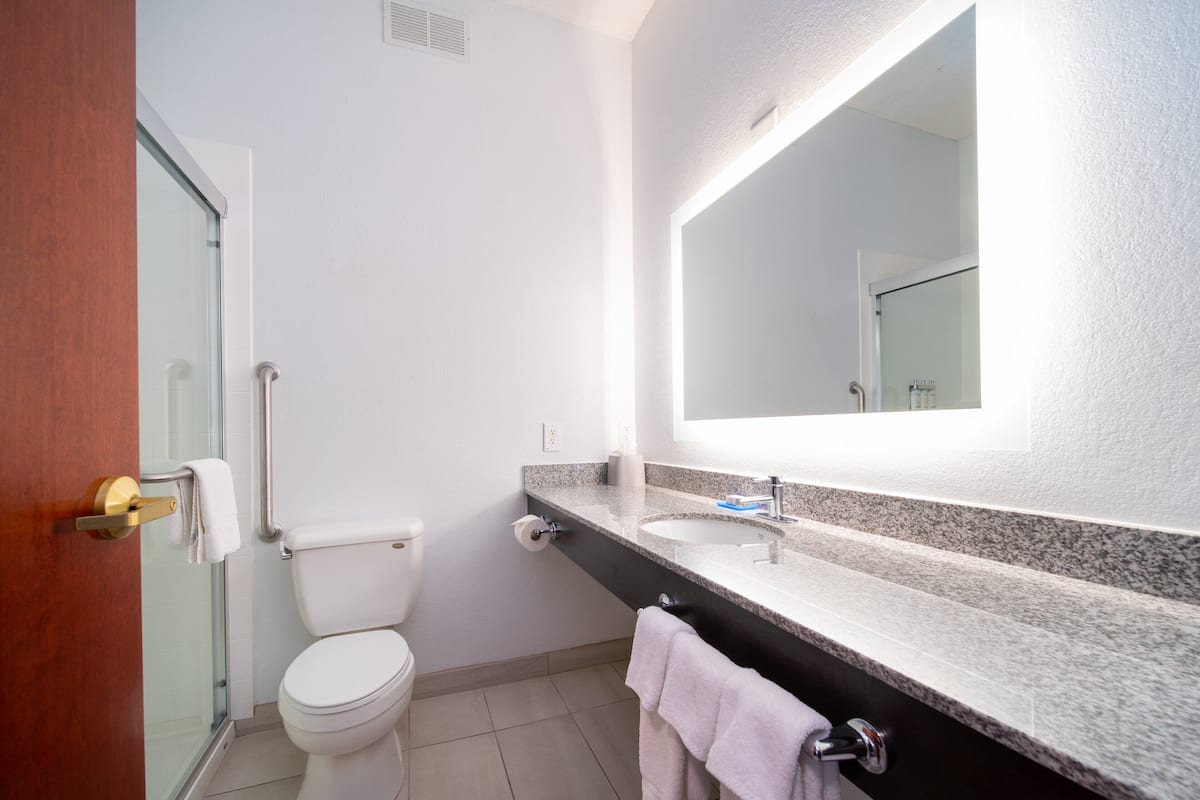Ein modernes Badezimmer mit Duschkabine aus Glas, Toilette in Weiß, Waschbecken mit Granitplatte und einem großen Spiegel.