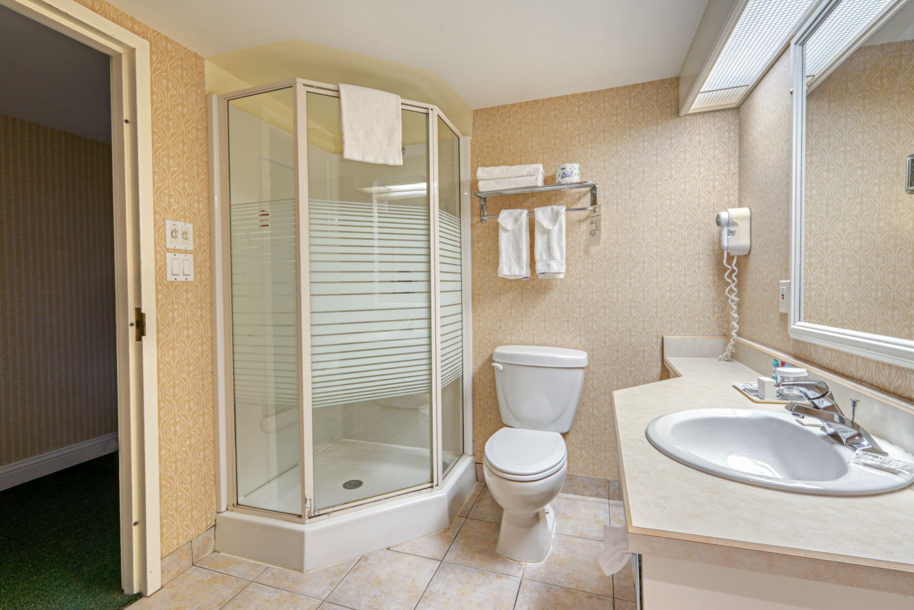 A bathroom with a glass-enclosed shower, a toilet, and a sink with a mirror.