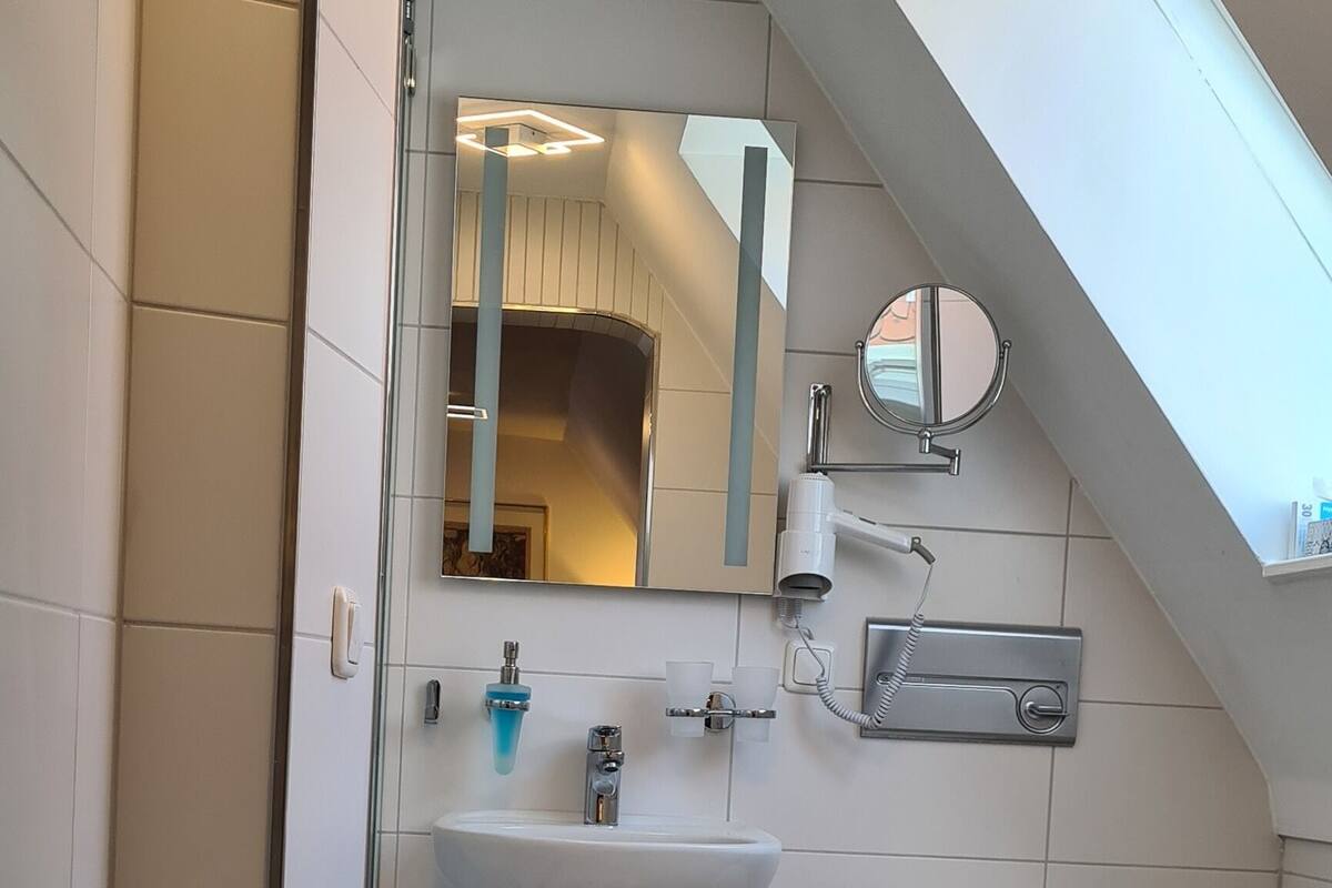 comfort double room | bathroom | shower, hair dryer, towels, soap