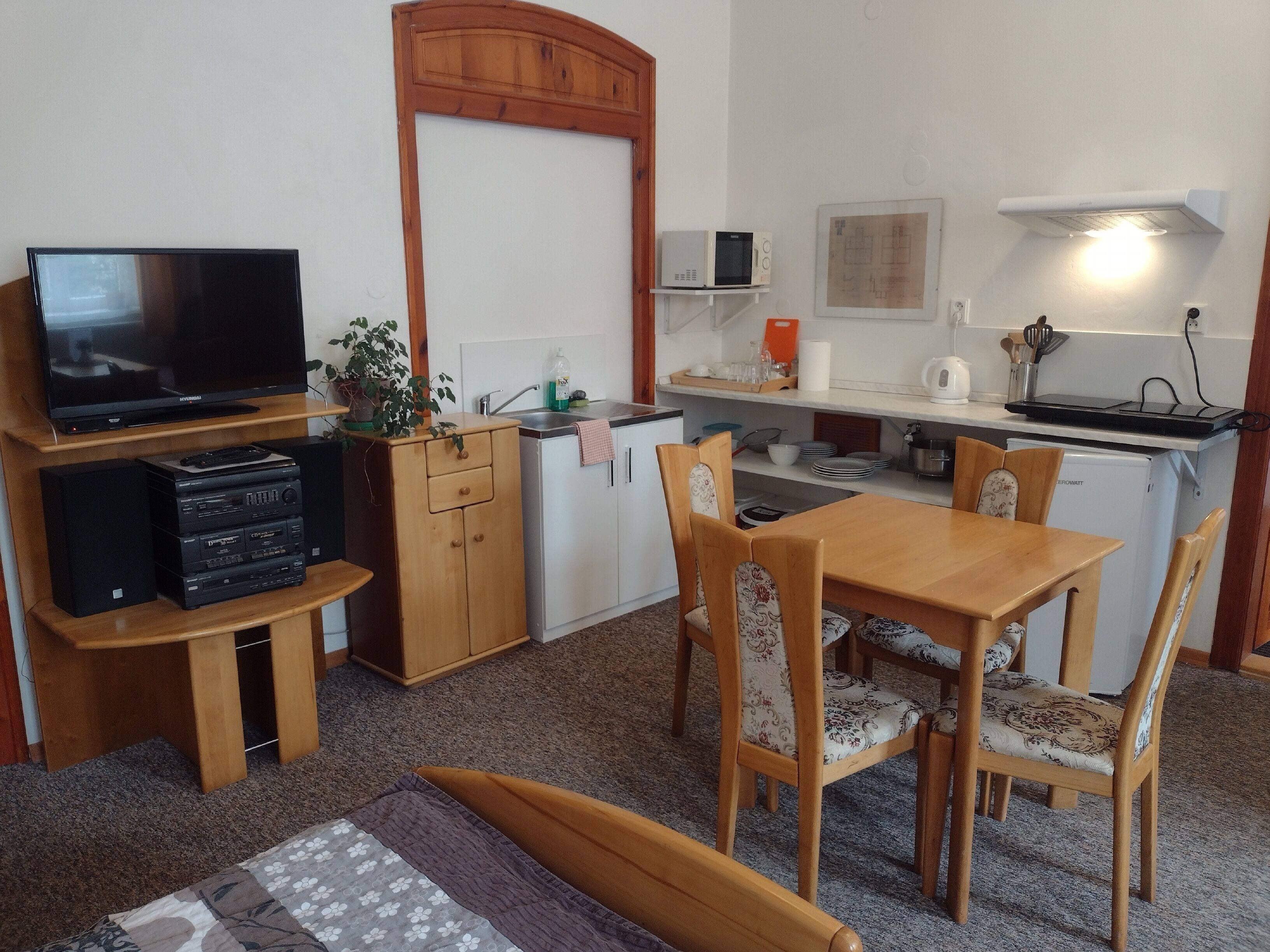 Ein kompakter Wohnbereich mit Fernseher, Holzmöbeln, einer Küchenzeile und einem Essbereich.