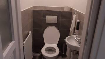 A small, narrow bathroom with a toilet, sink, and a trash bin.