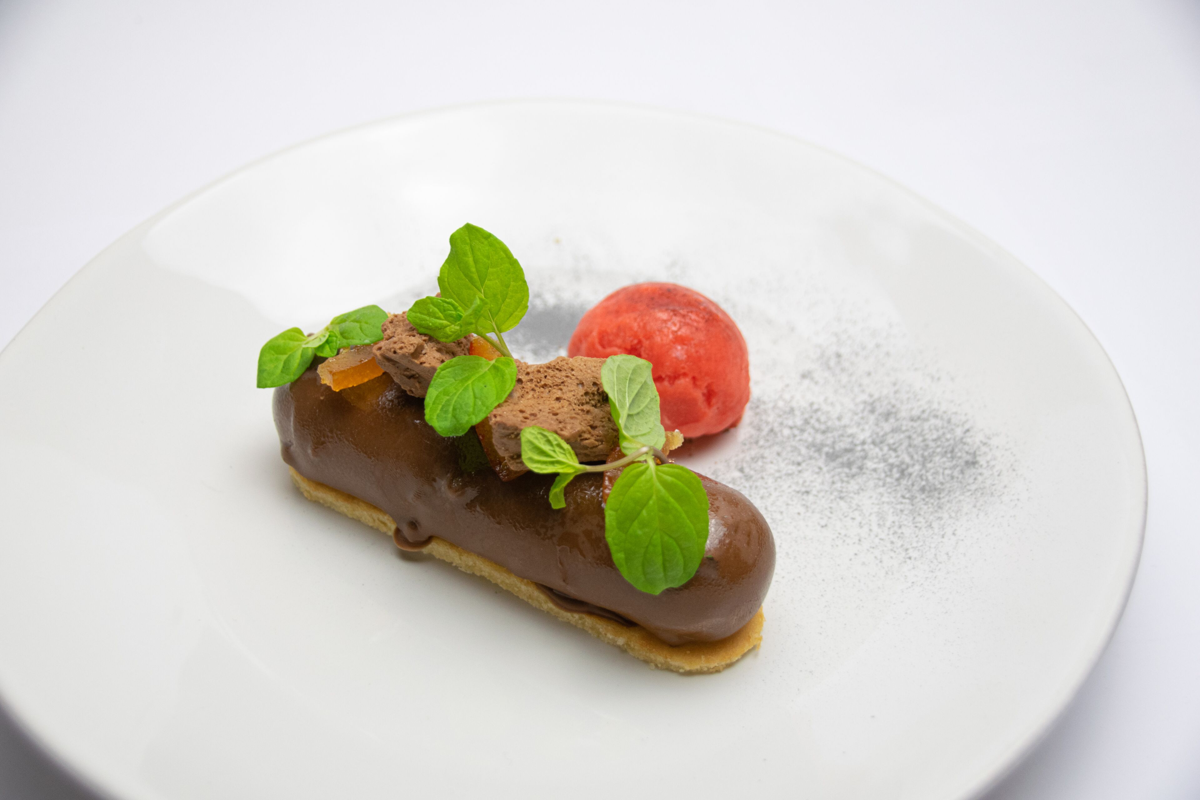 A dessert on a white plate.