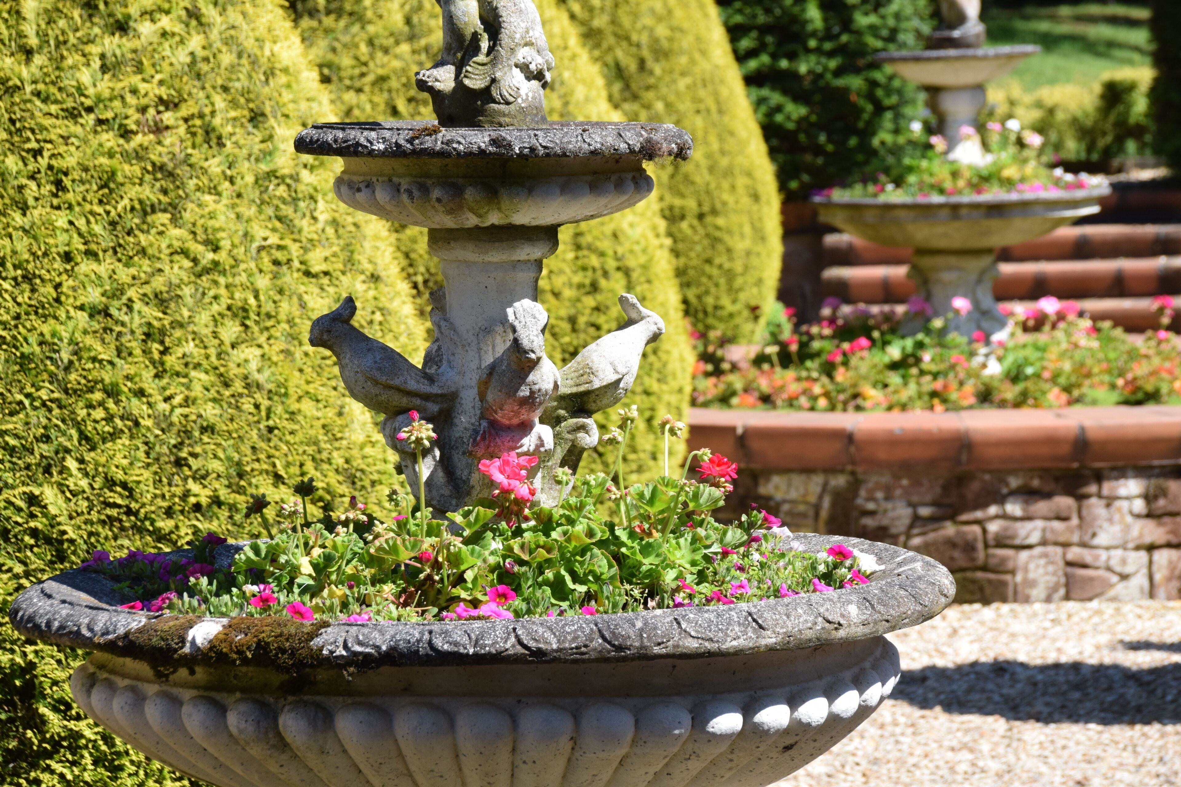 A stone fountain with a statue, surrounded by a flower bed with pink and purple flowers.