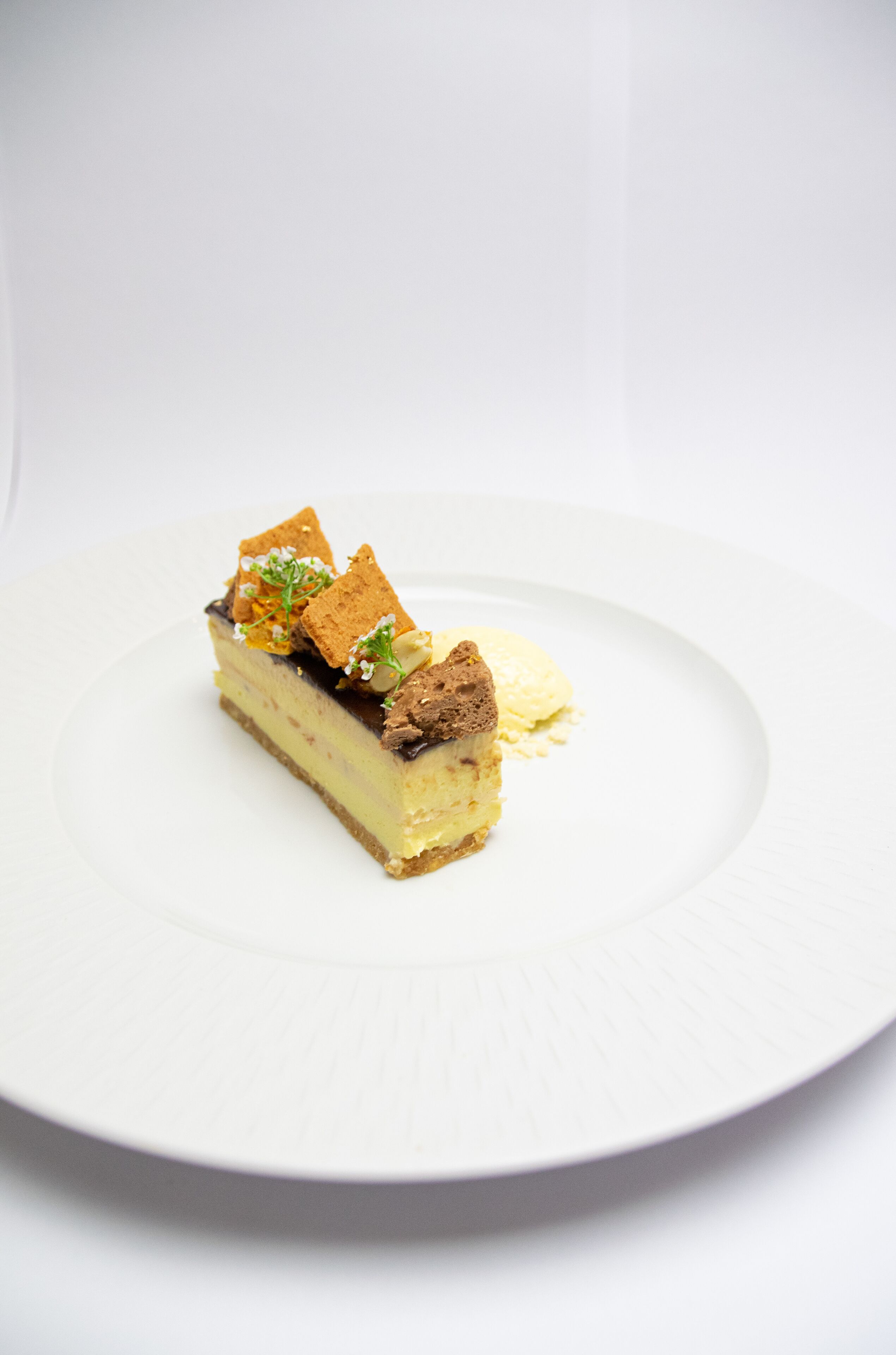 A dessert on a white plate.