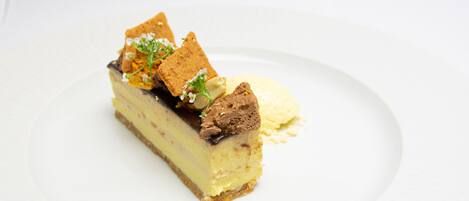 A dessert on a white plate.
