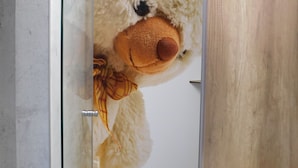 A bathroom with a glass shower enclosure, a wooden vanity, and a towel rack. - Teddybärenhotel (Kressbronn)