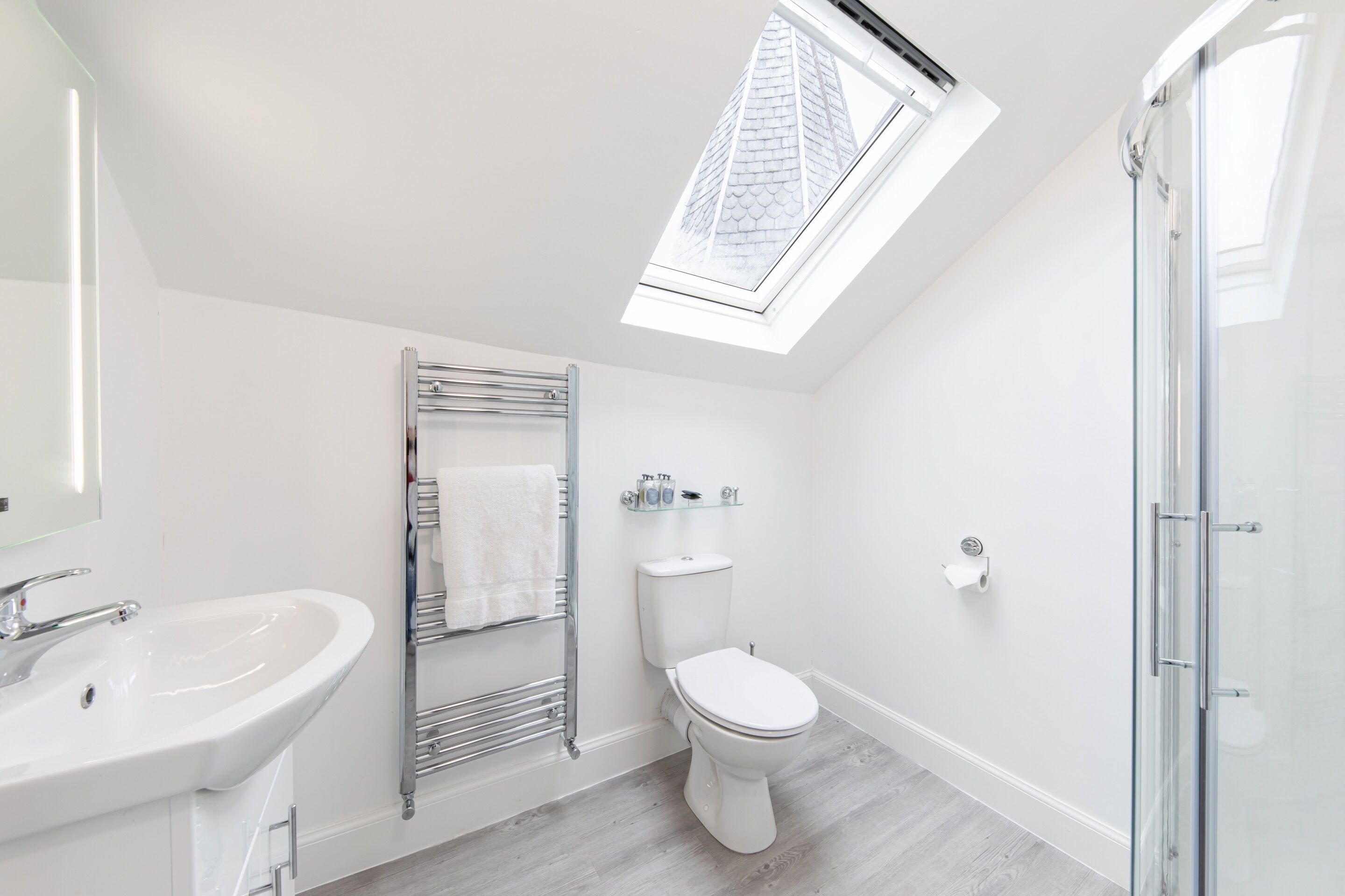 A modern bathroom with a skylight, a glass shower enclosure, and a white toilet.