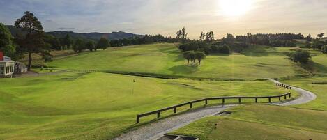 A golf course with a wooden fence, a path, and a flag on the green.