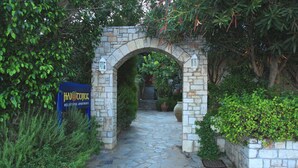 Un arco de piedra que da paso a un sendero rodeado de follaje.