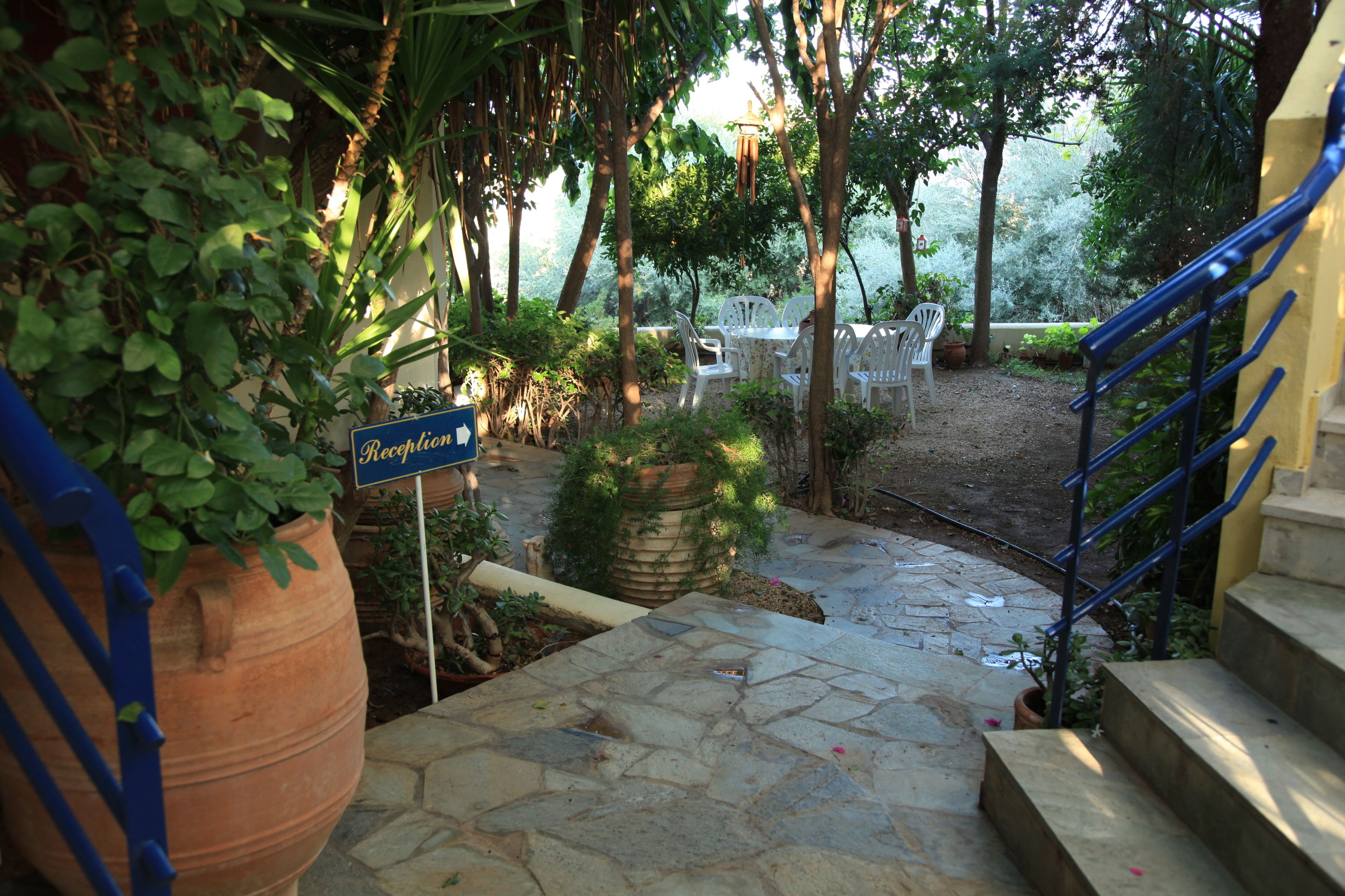A stone staircase leading to a terrace with outdoor seating and potted plants.
